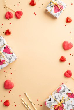 Valentine's Day concept. Top view vertical photo of present boxes heart shaped lollipops chocolate candies straws and sprinkles on isolated pastel beige background with copyspace in the middle