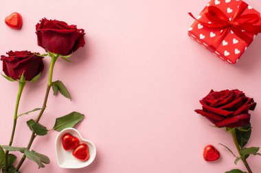 Valentine's Day concept. Top view photo of red roses heart shaped saucer with chocolate candies and present box on isolated pastel pink background with empty space