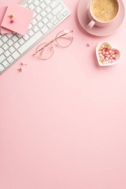 8-march concept. Top view vertical photo of keyboard stylish glasses heart shaped saucer with pushpins sticky note paper and cup of coffee on isolated pastel pink background with copyspace