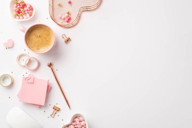 8-march concept. Top view photo of stationery holder pink sticky note paper pushpins binder clips adhesive tape saucer with sprinkles cup of coffee sequins on isolated white background with copyspace