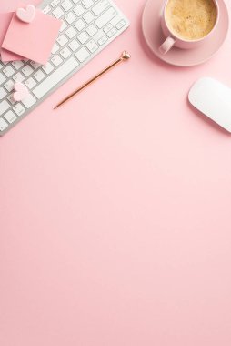 8-march concept. Top view vertical photo of keyboard computer mouse stylish golden pen hearts sticky note paper and cup of coffee on saucer on isolated pastel pink background with copyspace