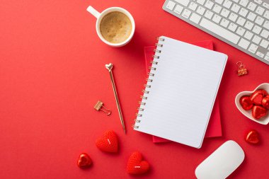 8-march concept. Top view photo of reminders golden pen heart shaped saucer with candies mug of frothy coffee keyboard computer mouse binder clips candles on isolated red background with empty space