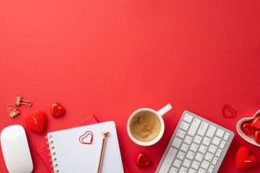 Valentine's Day concept. Top view photo of planners pen heart shaped saucer with candies cup of coffee keyboard computer mouse binder clips and candles on isolated red background with blank space