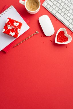 8-march concept. Top view vertical photo of planners small giftbox heart shaped dish with sprinkles cup of coffee keyboard computer mouse and golden pen on isolated red background with copyspace