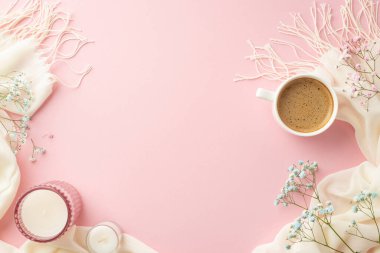 Hello spring concept. Top view photo of cup of coffee candles in glass holders gypsophila flowers and white soft scarf on isolated pastel pink background with copyspace