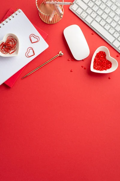 Valentine's Day concept. Top view vertical photo of diaries heart shaped saucer with sprinkles keyboard computer mouse pencils holder clips and golden pen on isolated red background with empty space