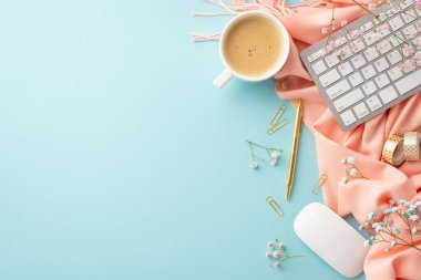 Business concept. Top view photo of keyboard computer mouse cup of fresh coffee golden stationery pen clips adhesive tape gypsophila flowers pink scarf on isolated light blue background with copyspace