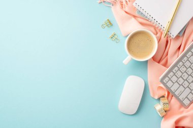 Business concept. Top view photo of keyboard computer mouse cup of hot drinking planner golden pen binder clips adhesive tape and pink scarf on isolated pastel blue background with copyspace