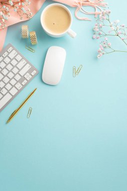 Business concept.Top view vertical photo of cup of coffee keyboard computer mouse golden pen clips adhesive tape gypsophila flowers and pink plaid on isolated pastel blue background with copyspace