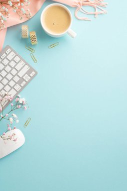 Hello spring concept.Top view vertical photo of mug of coffee keyboard computer mouse golden clips adhesive tape gypsophila flowers and pink plaid on isolated pastel blue background with copyspace