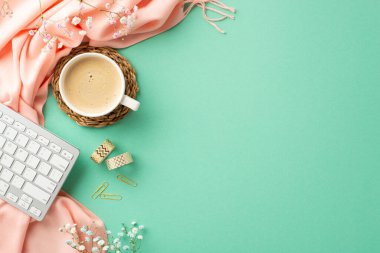 Business concept. Top view photo of keyboard cup of fresh coffee on rattan serving mat golden clips adhesive tape gypsophila flowers and pink plaid on isolated turquoise background with empty space