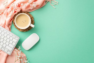 Top view photo of keyboard computer mouse cup of coffee on rattan serving mat stylish glasses gypsophila flowers and pink scarf on isolated teal background with copyspace
