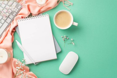 Business concept. Top view photo of planners pen keyboard computer mouse mug of fresh coffee candles gypsophila flowers and pink plaid on isolated turquoise background with blank space