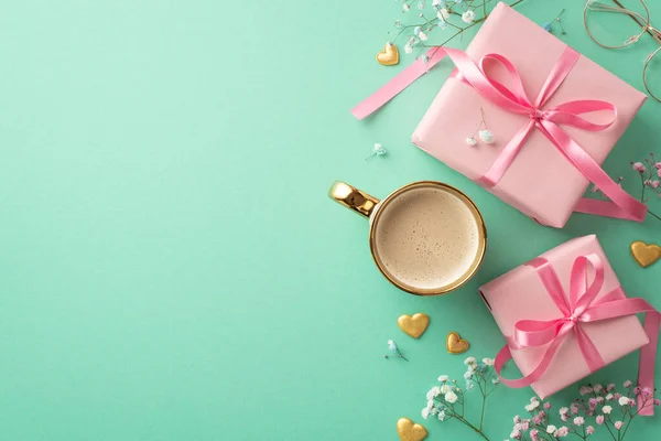 Mother\'s Day concept. Top view photo of pink gift boxes with ribbon bows cup of fresh coffee golden hearts glasses and gypsophila flowers on isolated turquoise background with empty space