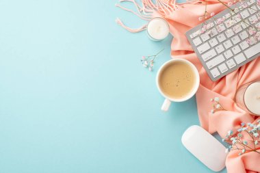 Hello spring concept. Top view photo of keyboard computer mouse cup of coffee candles gypsophila flowers and pink scarf on isolated pastel blue background with copyspace