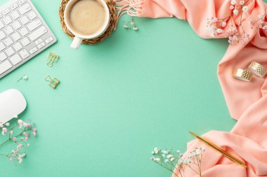 Business concept. Top view photo of keyboard computer mouse mug of coffee golden pen binder clips adhesive tape gypsophila flowers and pink plaid on isolated turquoise background with copyspace