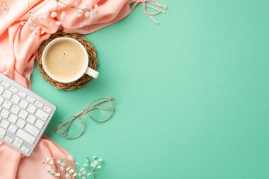 Business concept. Top view photo of keyboard mug of coffee on rattan serving mat stylish glasses gypsophila flowers and pink plaid on isolated turquoise background with empty space