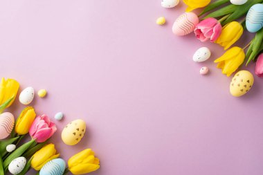 Easter concept. Top view photo of spring flowers bunches of yellow and pink tulips and colorful easter eggs on isolated pastel violet background with empty space