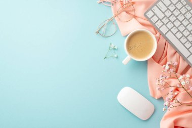 Business concept. Top view photo of keyboard computer mouse cup of frothy coffee stylish glasses gypsophila flowers and pink plaid on isolated pastel blue background with empty space