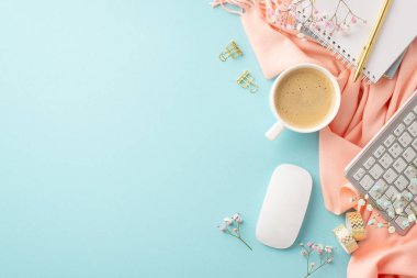 Business concept. Top view photo of keyboard computer mouse cup of fresh coffee notepad golden stationery gypsophila flowers and pink plaid on isolated pastel blue background with empty space