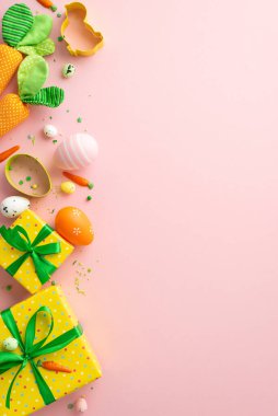 Easter concept. Top view vertical photo of colorful easter eggs yellow gift boxes with bows carrots baking molds and sprinkles on isolated pastel pink background with copyspace