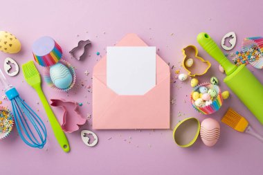 Easter concept. Top view photo of pink envelope with letter kitchen utensils colorful easter eggs in paper baking molds and sprinkles on isolated pastel violet background with blank space