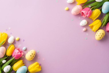 Easter celebration concept. Top view photo of spring flowers bouquets of tulips colorful easter eggs and confetti on isolated pastel violet background with empty space