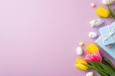 Easter celebration concept. Top view photo of blue gift boxes quail eggs ceramic easter bunny yellow and pink tulips on isolated lilac background with copyspace