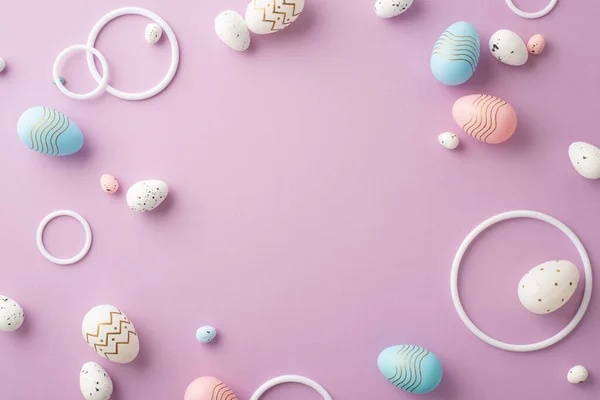 stock image Easter celebration concept. Top view photo of white circles and colorful easter eggs on isolated lilac background with blank space in the middle