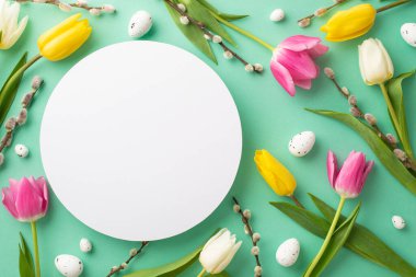 Easter atmosphere concept. Top view photo of white circle quail eggs pussy-willow and colorful tulips on isolated teal background with empty space