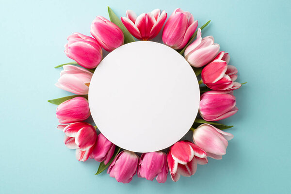 Mother's Day celebration concept. Top view photo of white circle surrounded by pink tulip buds on isolated pastel blue background with blank space