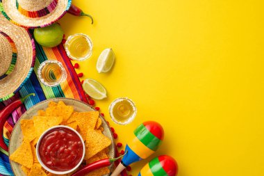 Cinco-de-mayonez konsepti. Nacho cipslerinin üst görüntüsü salsa sosu acı biber tekilası tuz ve limon sombrero renkli serape ve izole edilmiş sarı arka planda marakas.