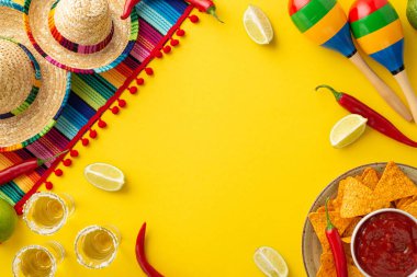 Cinco-de-mayonez konsepti. En üstteki fotoğrafta tekila tuzlu nacho cipsleri salsa sosu biberli limonlu sombrero renkli marakalar izole edilmiş sarı arka planda ve ortası kopyalanmış.