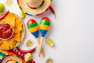 Cinco de Mayo 'dan esinlenilmiş canlı bir daire. Sombrero, panço, marakas, tekila shot, limon, acı biber, nacho cipsi, parlak sarı bir arka planda salsa.