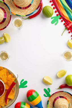 Şenliğe hazır olun! Bir sombrero, panço ve marakaların renkli dikey görüntüsünün yanı sıra tekila shot, limon dilimleri, acı biber, cips ve beyaz arka planda salsa sosu.