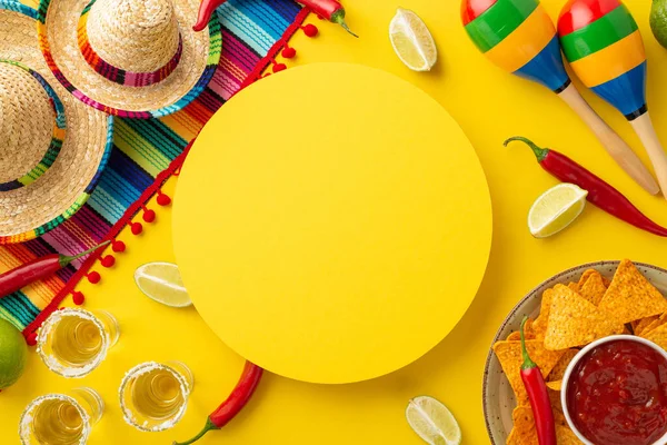 Koncepcja Cinco Mayo Widok Góry Zdjęcie Żółtego Koła Tequila Solą — Zdjęcie stockowe