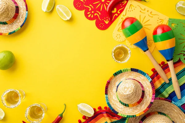 Mexican national holiday concept. Top view photo of tequila with salt lime sombrero colorful striped poncho garland and maracas on isolated vibrant yellow background with empty space