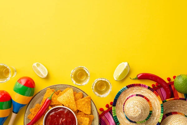 Mexikansk Kultur Koncept Ovanifrån Foto Glasögon Tequila Med Salt Skivad — Stockfoto