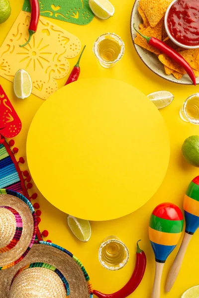 Cinco Mayo Party Concept Top View Vertical Photo Yellow Circle — Stock Photo, Image