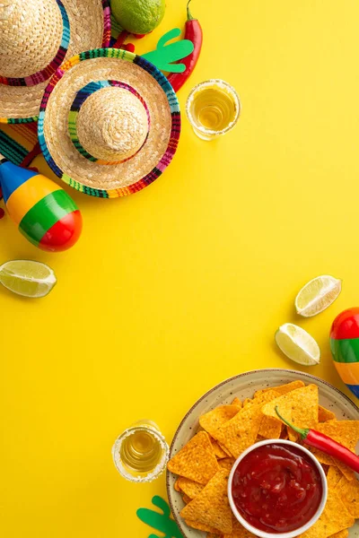 Mexikói Kultúra Felülnézet Függőleges Fotó Tequila Nachos Chips Salsa Szósz — Stock Fotó