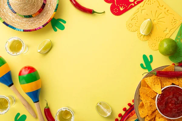 Mexican Fiesta Vibes Colorful Sombrero Poncho Maracas Arranged Tequila Shots — Stock Photo, Image