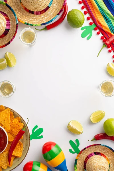 Ready Fiesta Colorful Top Vertical View Sombrero Poncho Maracas Tequila — Stock Photo, Image