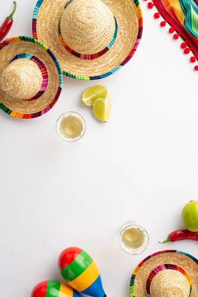 在庆祝Cinco Mayo的时候 我们可以看到一个有趣的 充满节日气息的顶部垂直的照片 里面有Sombrero Poncho和Maragua 还有龙舌兰酒的照片 石灰楔子 白色背景的辣椒和彩色的背景 — 图库照片