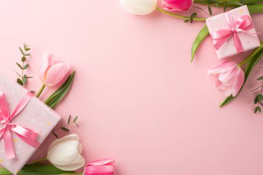 Anneler Günü dekorasyon konsepti. Moda hediye kutularının en üstteki fotoğrafı. Kurdele yayları ve laleler izole edilmiş pastel pembe arka planda. Kopyalama alanı ile birlikte.