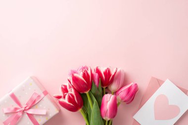 Anneler Günü atmosfer konsepti. Taze lale buketinin en üst görüntüsü. Büyük hediye kutusu ve pembe zarf. Üzerinde izole edilmiş pastel pembe arka plan ve kopyasal alan var.