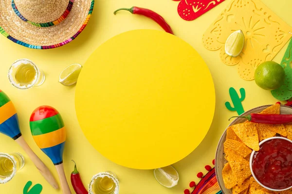 Top View Photo Mexican Sombrero Poncho Maracas Tequila Shots Lime — Stock Photo, Image