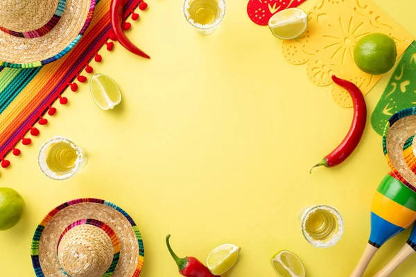 Spice Świętowania Kolorowym Cinco Mayo Tematyce Płaskiej Leżał Posiada Sombrero — Zdjęcie stockowe