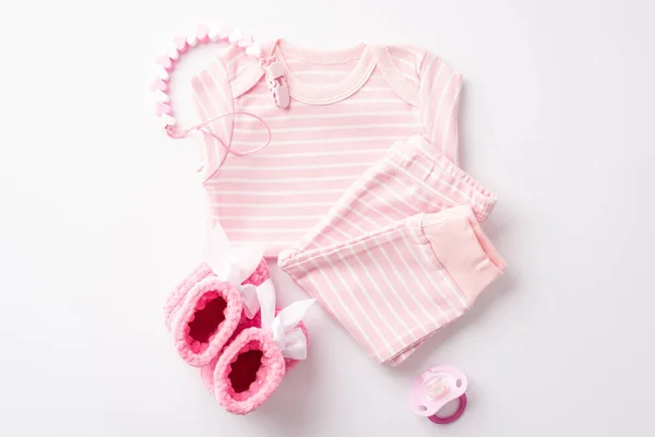 Concepto Baby Shower Foto Vista Superior Ropa Infantil Rosa Pantalones — Foto de Stock