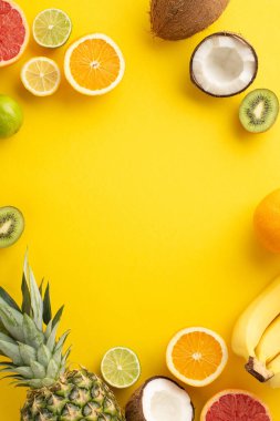 Markanızı bu şık düz manzarayla yükseltin. Taze portakal, limon, limon ve greyfurt ananas, hindistan cevizi serili. Neşeli sarı arka planda boş bir arkaplan ve metin için boşluk.