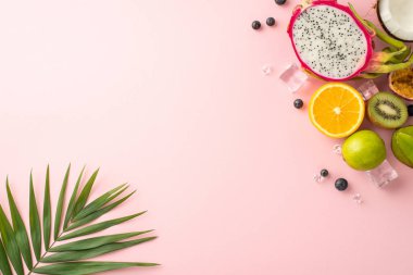 Tropik cennet. Ejderha meyvesi, kivi, portakal, limon, karambola, yabanmersini ve hindistan cevizi gibi tropikal meyvelerin üst görüntüsü, palmiye yapraklarıyla kaplı pembe bir zemin üzerine kuruludur.